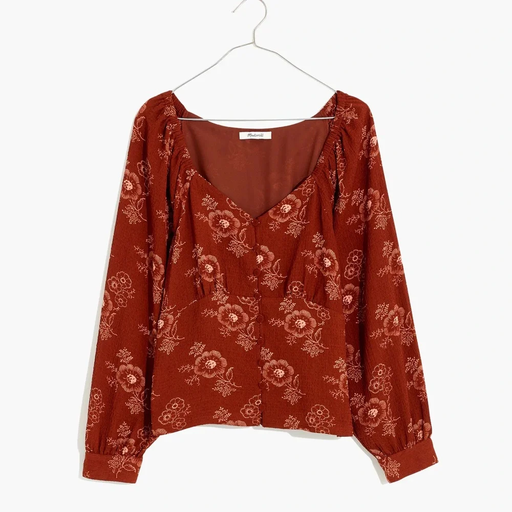 Madewell Preston Puff-Sleeve Top in Letterpress Floral Stained Mahogany Size‎ S